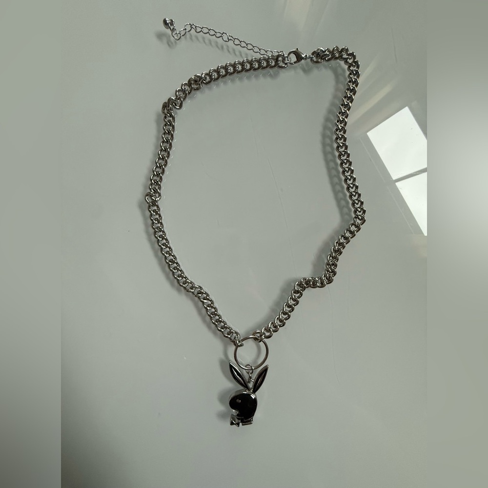 PLAYBOY Silver Chain Necklace with Black Bunny Charm